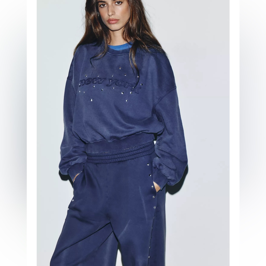 Zara Co-Ord Set Washed Sweatshirt With Studs & Joggers In Blue